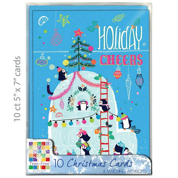Tree-Free Greetings Christmas Cards and Envelopes, Set of 10, 5" x 7", Penguin Cheers Box Set (HB93222)