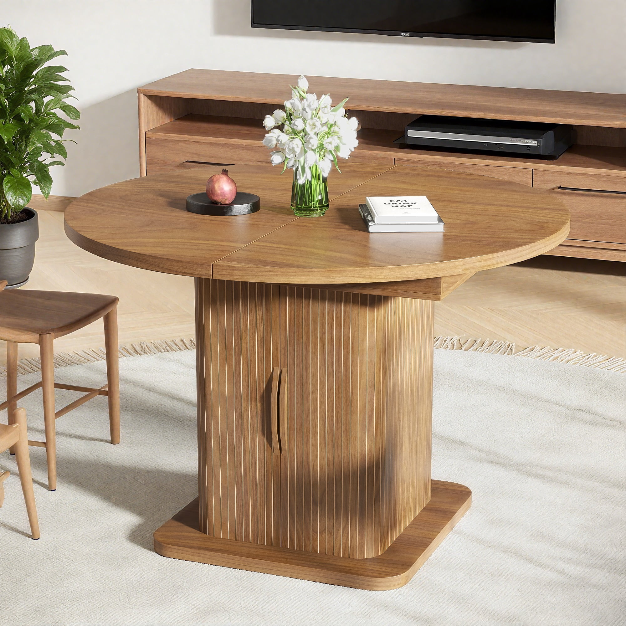 59 Inch Extendable Round Dining Table for 4-6, Kitchen Dining Table with Storage Shelf for Home Living Room, Walnut