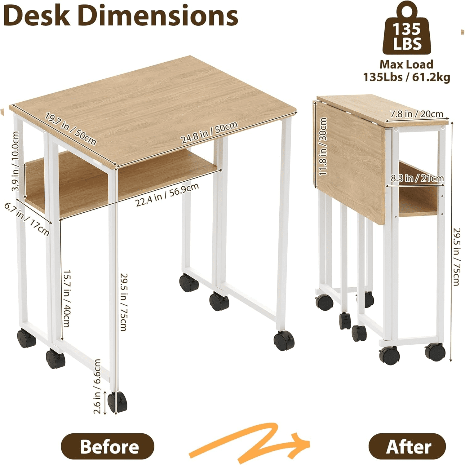 Garvee Space-Saving Collapsible Laptop Desk with Storage Shelf – Rolling Computer Table on Wheels, Sturdy Metal Frame, Compact Mobile Workstation for Small Spaces, Home Office, Bedroom – Natural Wood
