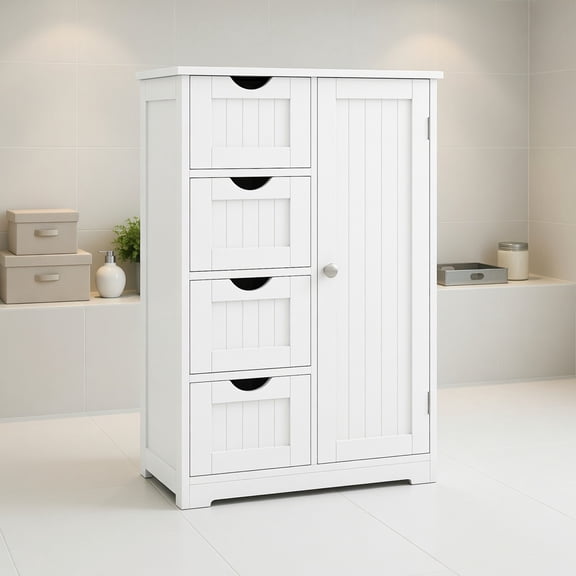 GVN Standing Indoor Wooden Cabinet with 4 Drawers-White, Bathroom Cabinet Storage for Entryway Storage, Home Office Furniture