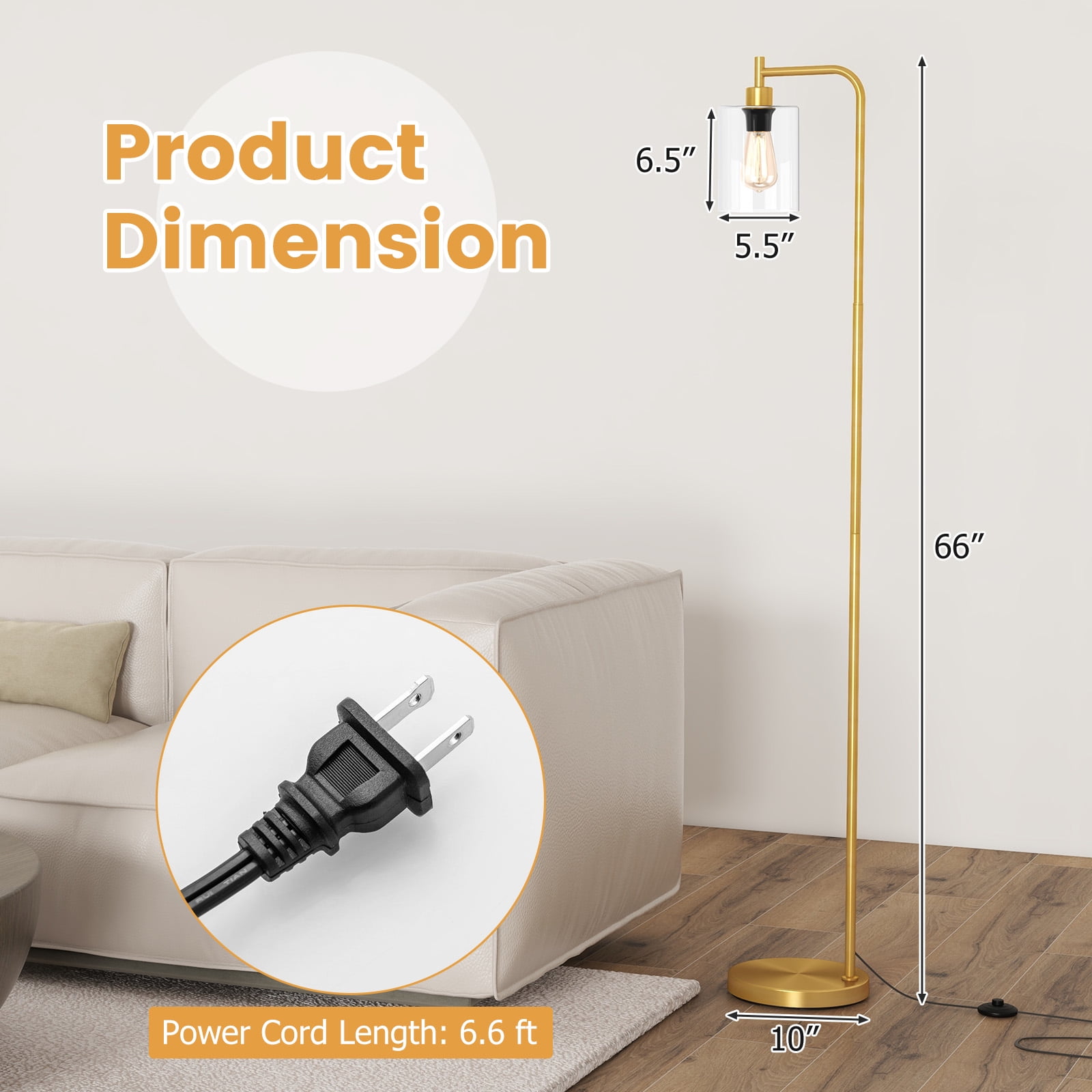 Giantex Industrial Standing Floor Lamp, Modern Reading Lamp w/Clear Glass Lampshade & Foot Switch, Tall Pole Lamp, Gold