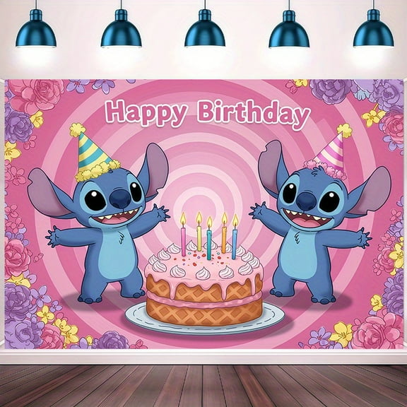 Stitch Birthday party background banner - cake and candles, polyester wall decoration for indoor/outdoor celebrations, the perfect gift for family and friends, birthday party decoration