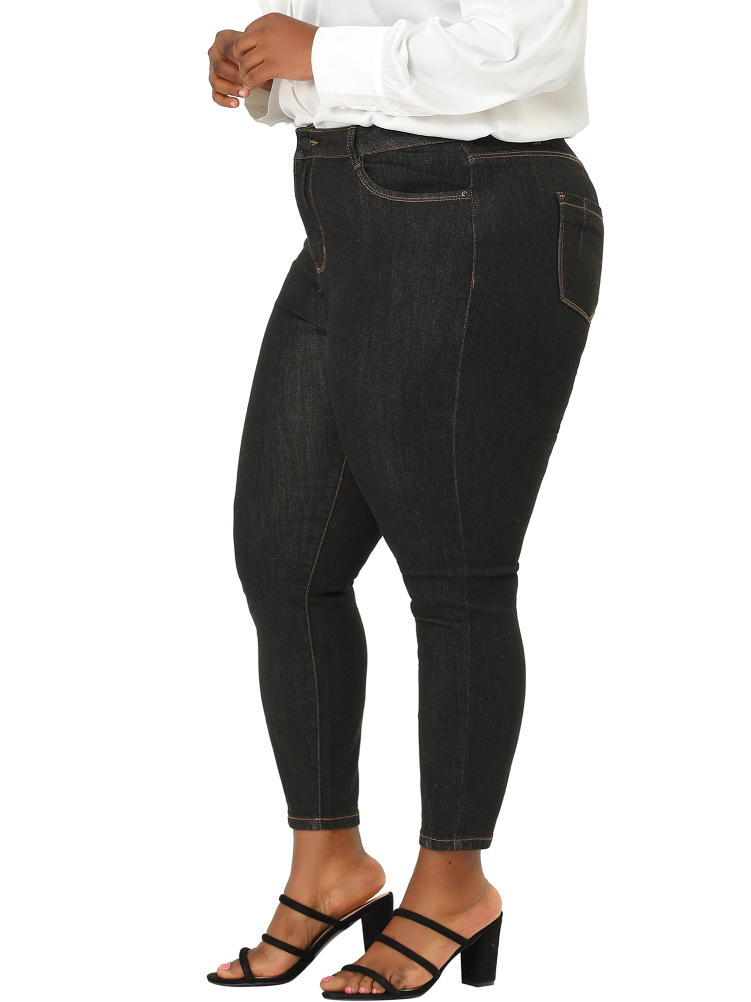 MODA NOVA Junior's Plus Size Jeans Denim Stretch Work Contrast Color Line Skinny Mid Rise Jeans Black 2X - image 5 of 5