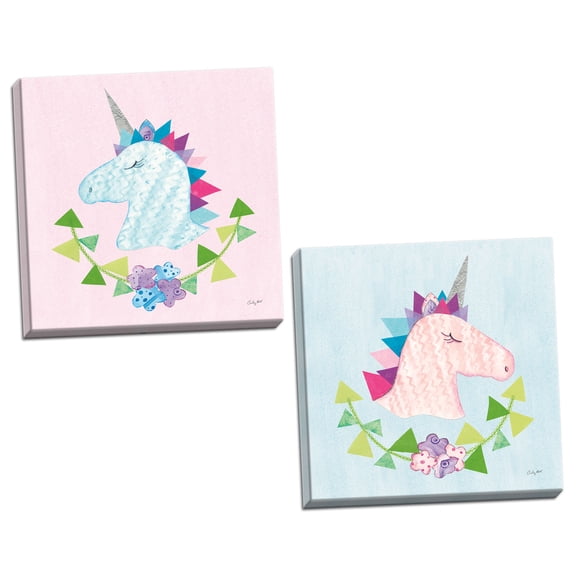 Gango Home Decor Contemporary Unicorn Power III & IV by Courtney Prahl (Ready to Hang); Two 12x12in Hand-Stretched Canvases