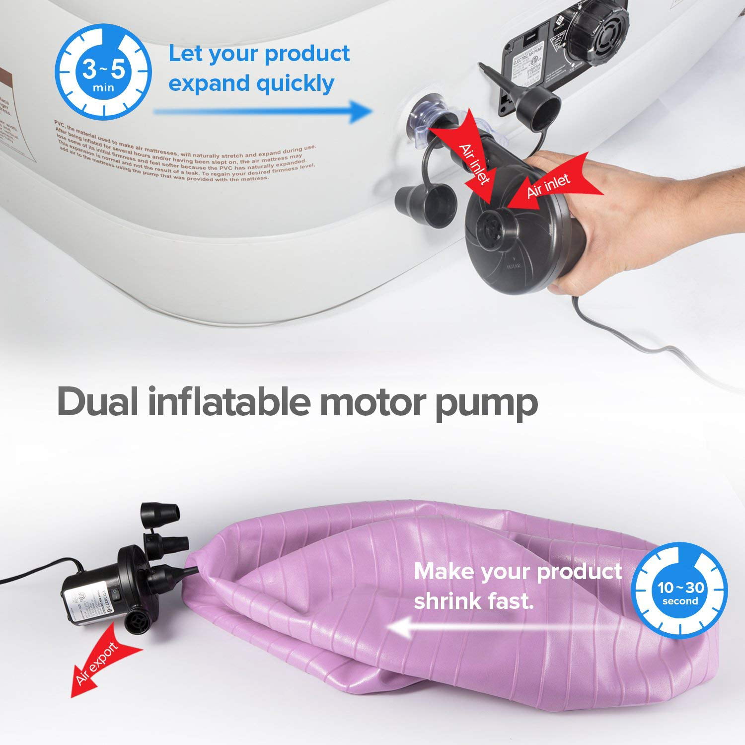 Air Pump Air Mattress Pump for Inflatable Blow up Pool Raft Bed Boat Toy Exercise Ball,Quick-Fill AC Inflator Deflator with Nozzles,110-120V