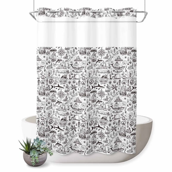 No Hook Shower Curtain, Nautical Shower Curtains for Bathroom with See Through Top Window, Grey Anchor Rudder Compass Sailing Boat Waterproof & Washable Bath Curtain Extra Long 72"x96"