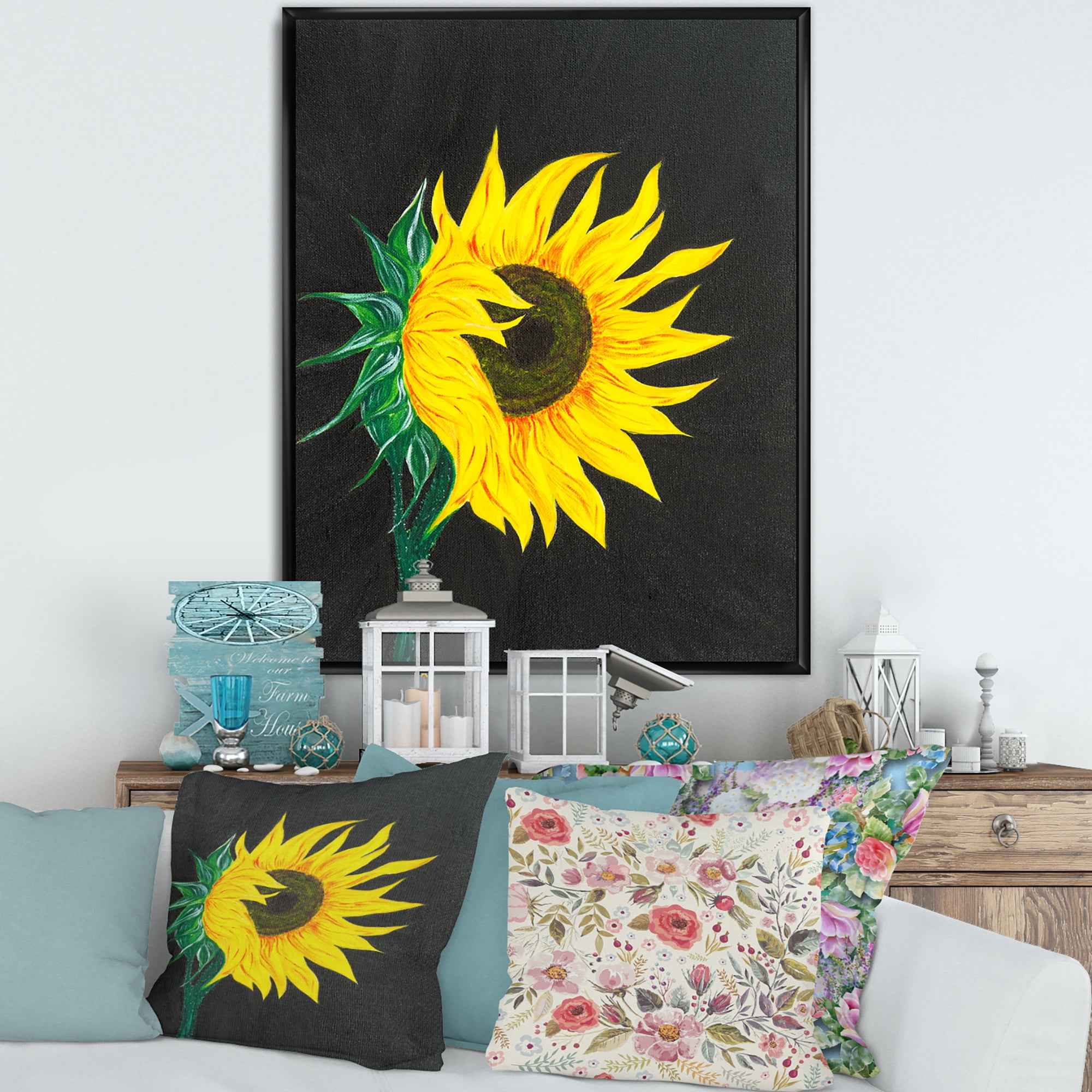 Designart 'Yellow Sunflower On Black' Traditional Framed Canvas Wall Art Print
