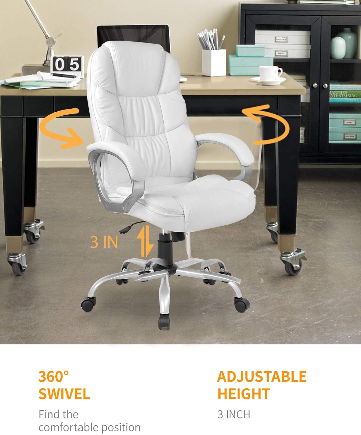 Dkelincs Executive Office Chair Big and Tall Leather Computer Chair Ergonomic Massage Desk Chair Heavy Duty Swivel Task Chair with Lumbar Support and Headrest for Adults, White
