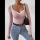 thumbnail image 5 of Camiseta de Larga con Escote Corazón para Mujer, de Punto Acanalado y Ribete en Contraste. Rosa L, 5 of 8