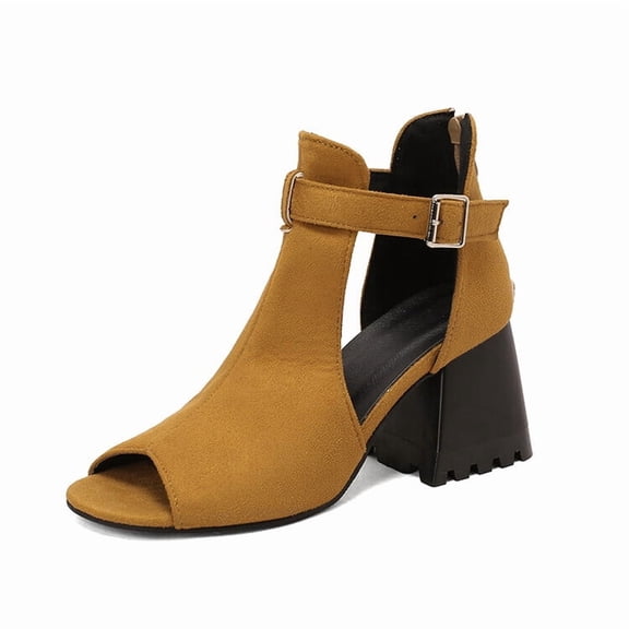 SACFOF Womens Peep Toe Ankle Booties Chunky Heels Cutout Back Zipper Sandals Suede Side Ankle Strap Dress Sandals
