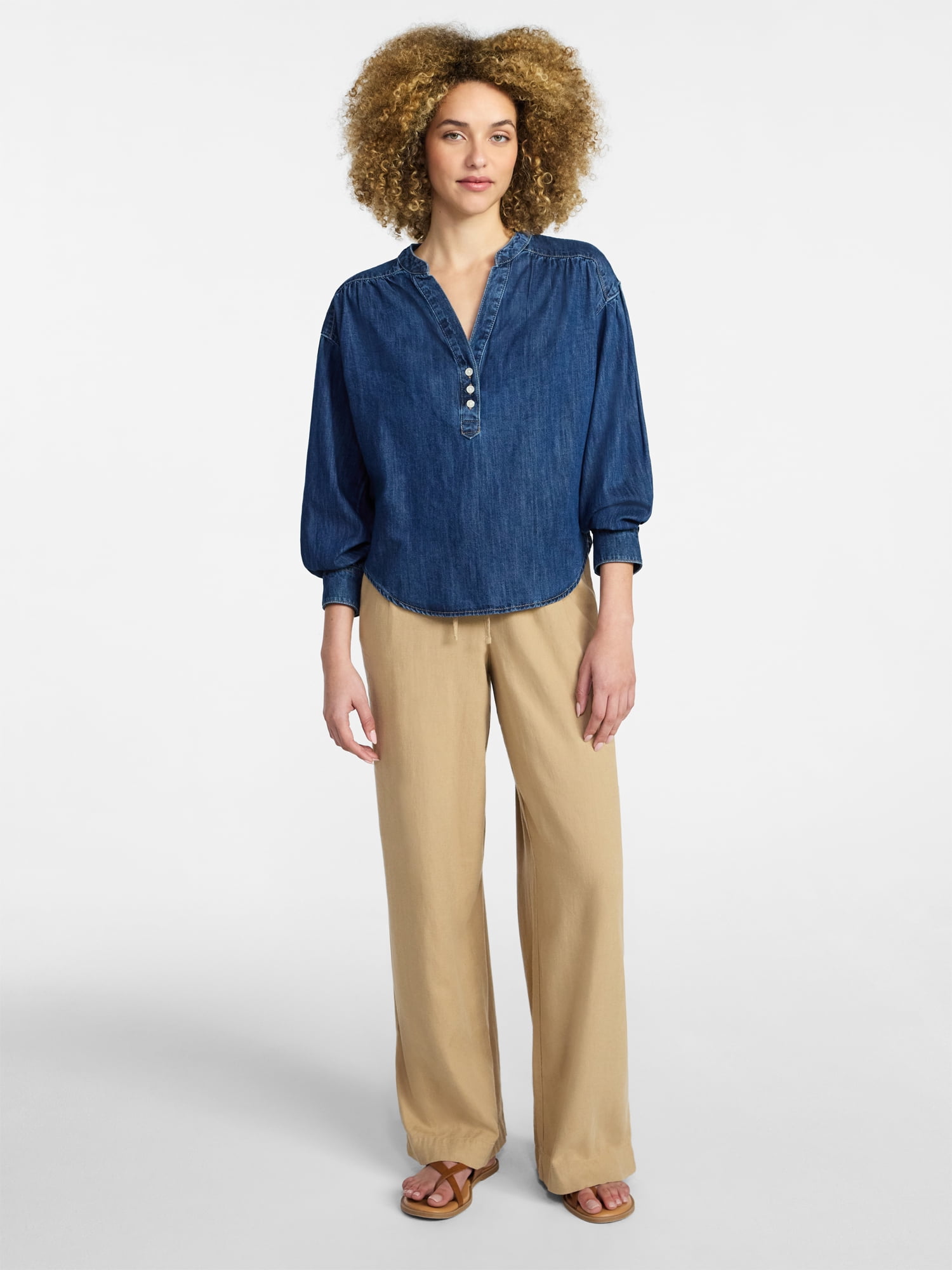 Time and Tru Women's Popover Denim Top with Long Sleeves, Sizes XS-XXXL