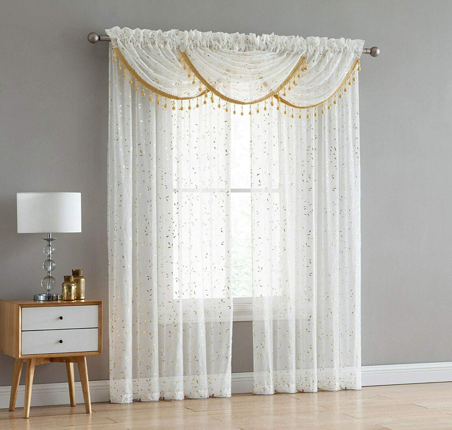 Adeline 5 Piece Sheer Curtain Set with Beaded Austrian Valances and ...