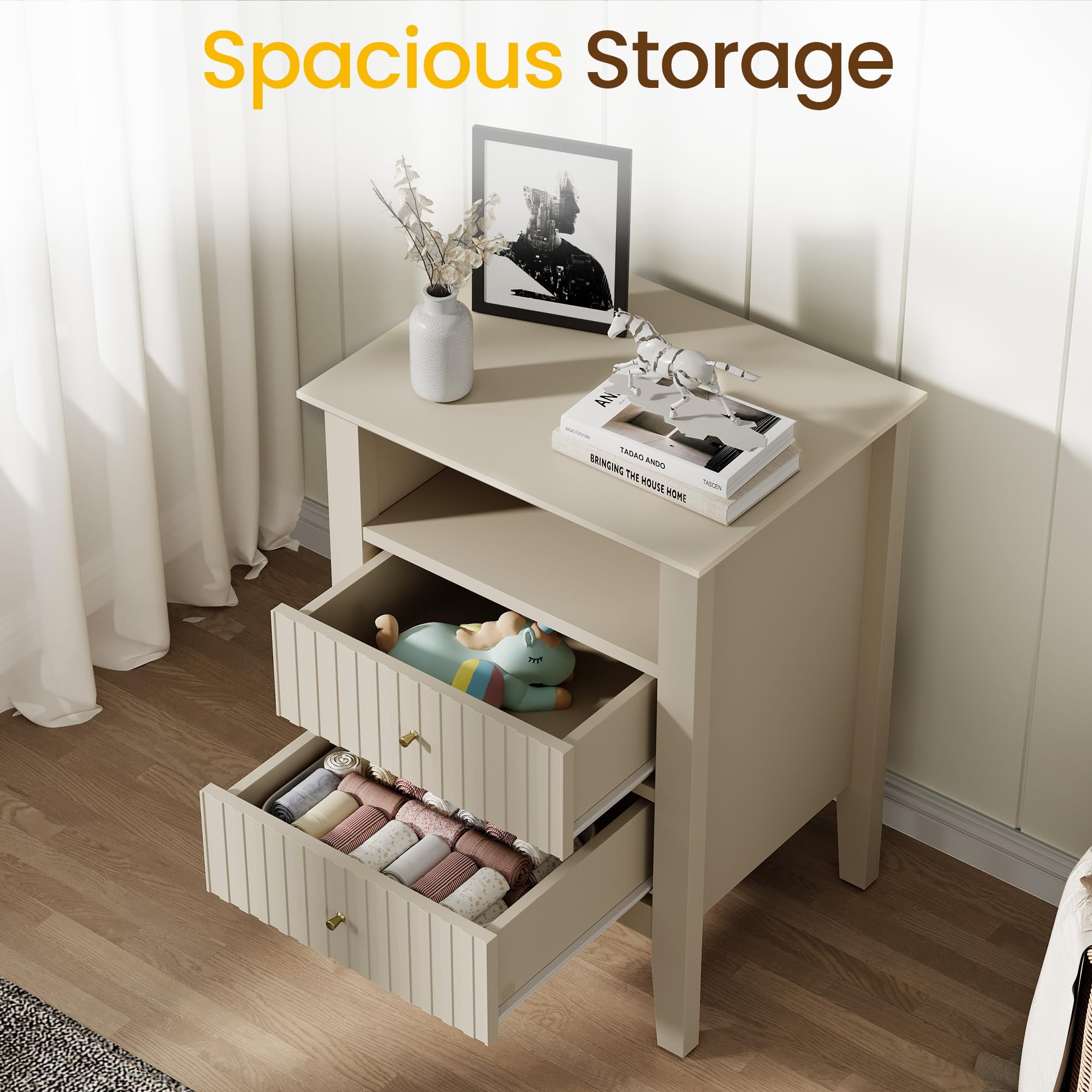 May in Color Modern Fluted Nightstand with 2 Drawers and Storage Shelf- Beige