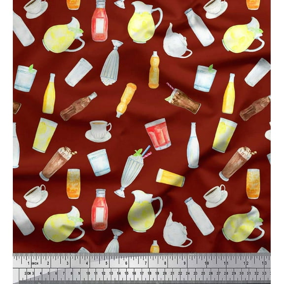 Soimoi Red Cotton Voile Fabric Soft Drink & Glass Kitchen Decor Fabric Printed Yard 42 Inch Wide