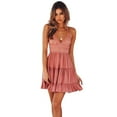 thumbnail image 2 of Femmes Plage Été Robe Spaghetti Sangle Sans Manches V-Cou Dos en Dentelle Patchwork Mini Robe, 2 of 2