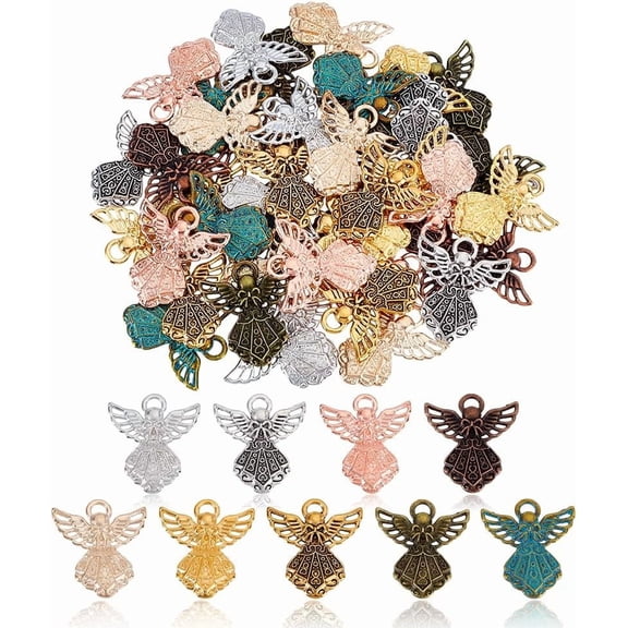 54Pcs 9Colors Alloy Angel Charms Vintage Angel Wing Fairy Pendants Metal Tibetan Drop Dangle Easter Shape Craft Components for Earing Bracelet Necklace DIY Jewelry Making