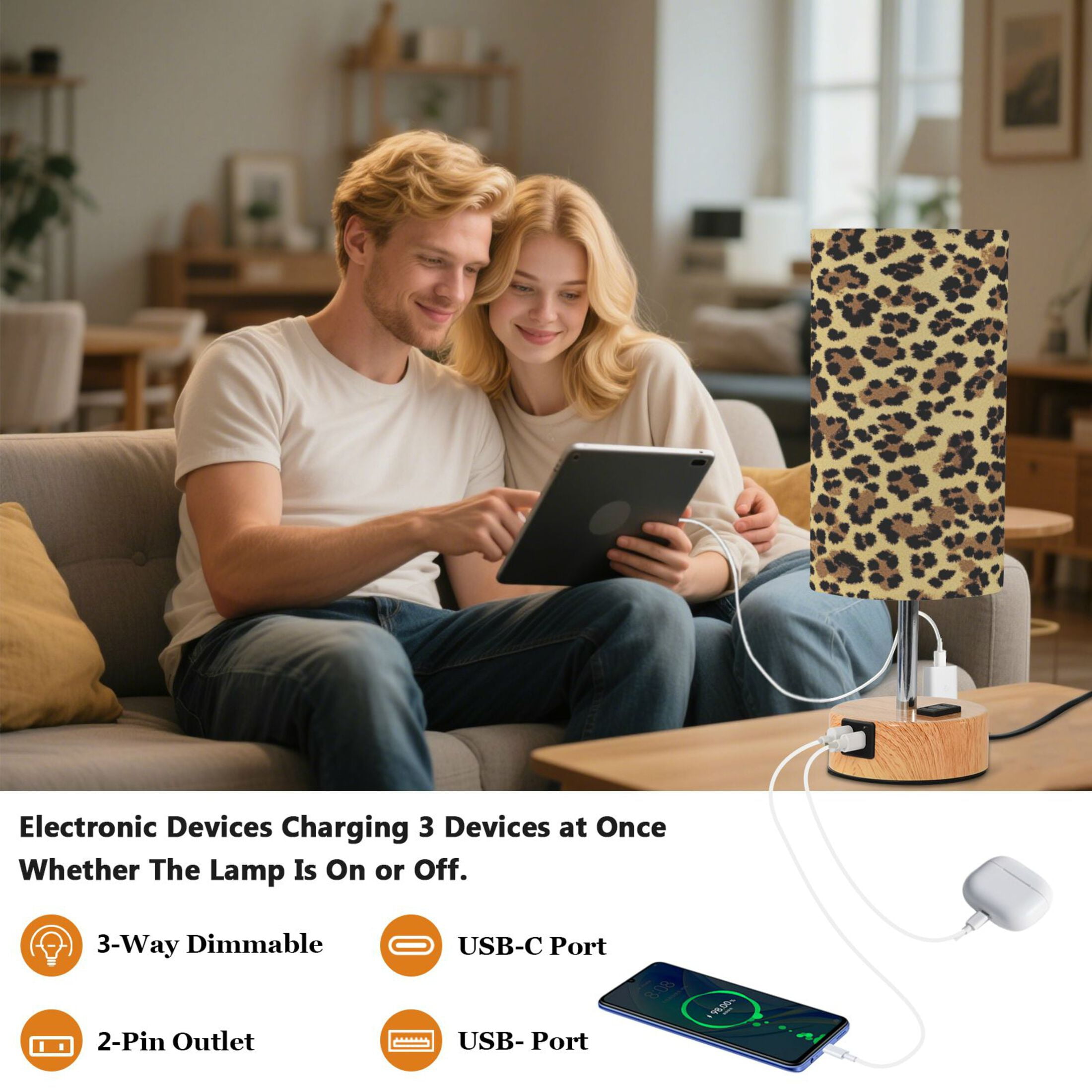 Wobogo Brown Leopard Bedside Lamp Touch Control Table Lamp with USB A+C Charging Ports & AC Outlet 3-Way Dimmable Nightstand Lamp with Linen Fabric Shade for Bedroom Living Room