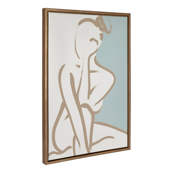 Kate and Laurel Sylvie Simple Romantic Line Art Drawing 1 Tan and Teal Framed Canvas Wall Art by The Creative Bunch Studio, 23x33 Gold, Modern Abstract Body Line Drawing Wall Decor
