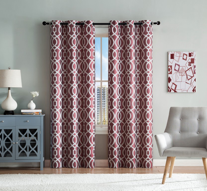 Set of Two (2) Burgundy and Ivory Window Curtain Panels Geometric