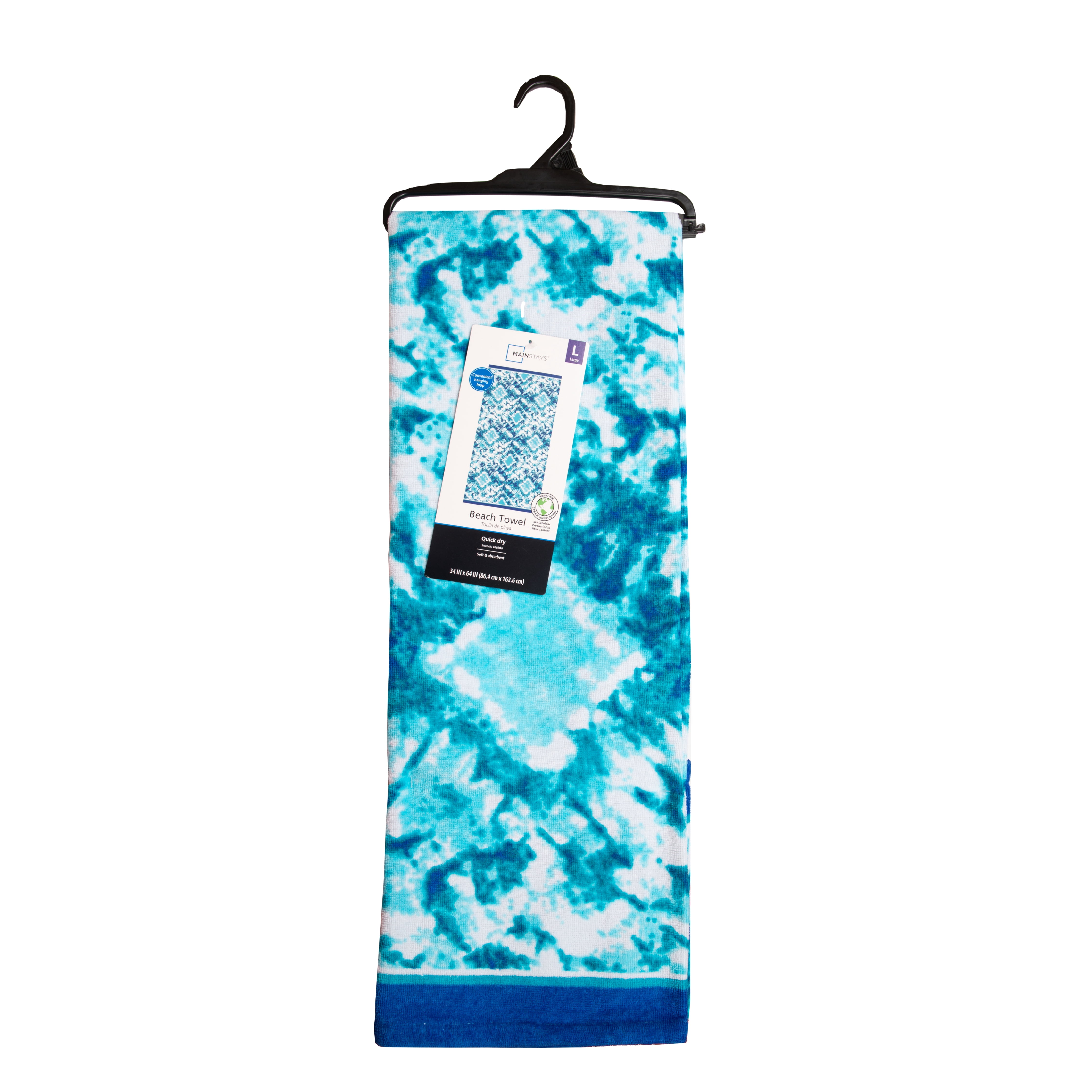 Mainstays Cotton Blend Blue Tie-Dye Beach Towel, 34" x 64"
