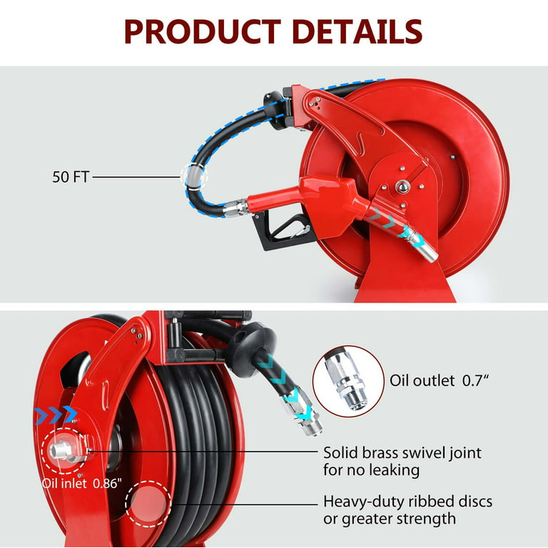 Diesel Fuel Hose Reel Retractable 3/4 inch x 50' Spring Driven Auto Swivel 300 psi, Size: Large