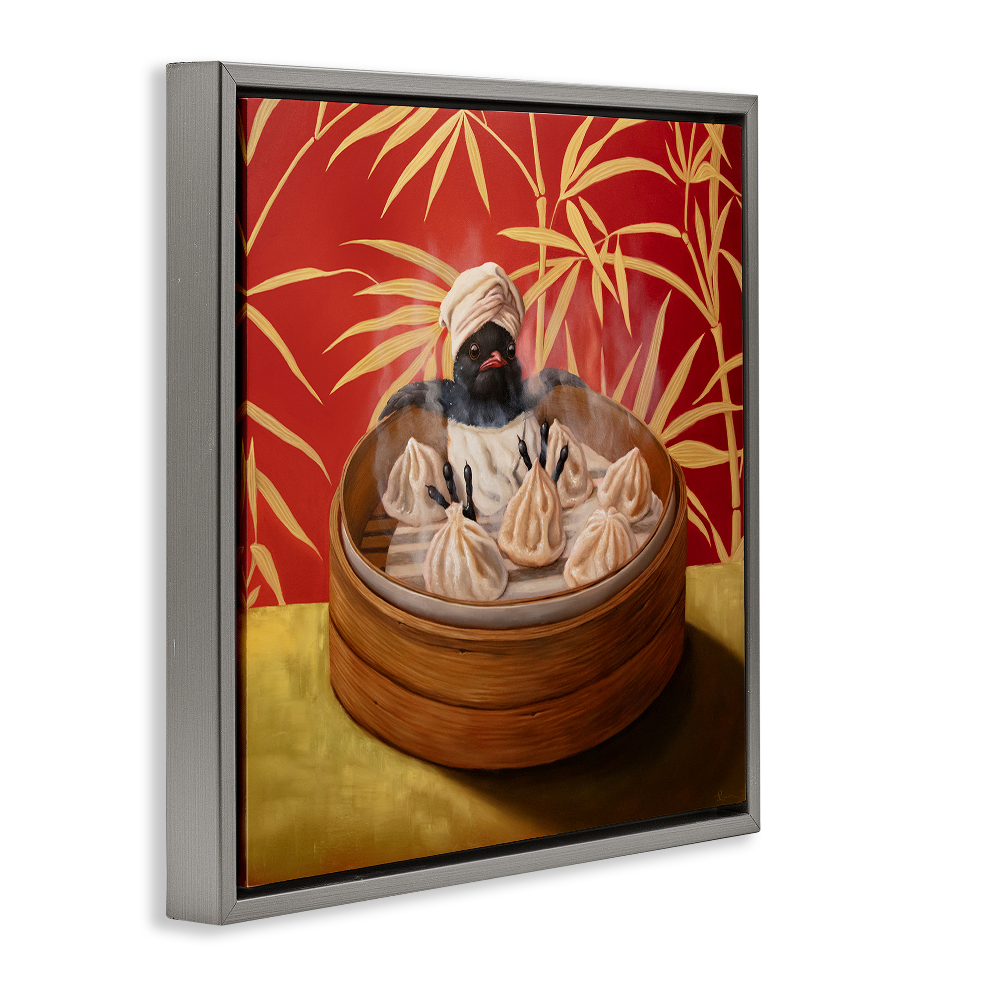 Bamboo Steamer Bird Gray Framed Floater Canvas Wall Art, design by Lucia Heffernan