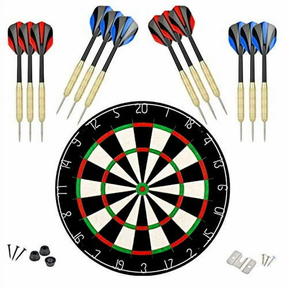 LinkVisions Sisal/Bristle Dartboard with Staple-Free Bullseye 17.8” x1.5 and 12 Steel Tip Darts 18g, Dartboard Mounting Kits Included