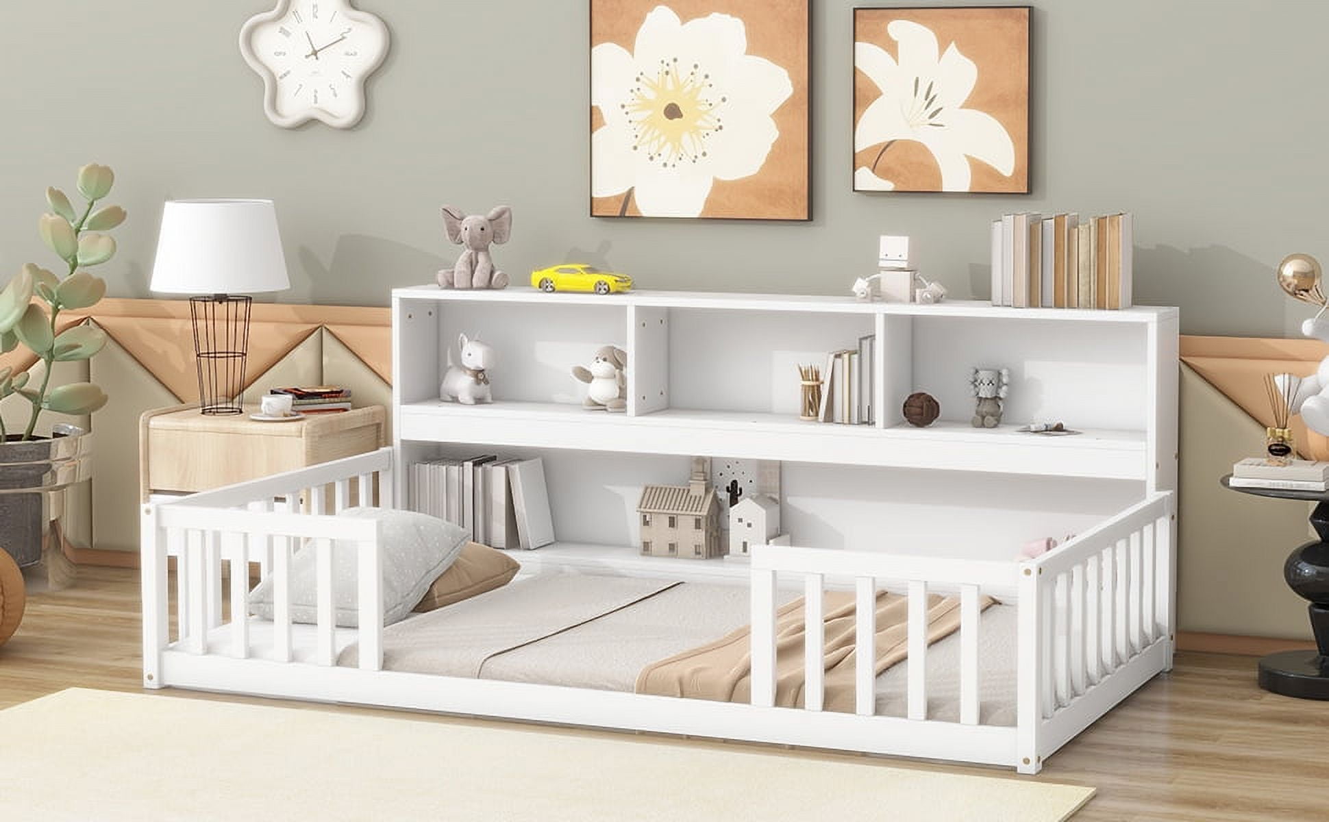 Yoneston Kids Twin Size Floor Bed Frame with Bedside Bookcase Storage Shelves and Guardrails for Toddlers Boys Girls Bedroom Furniture, White