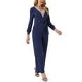 thumbnail image 4 of INSPIRAR CHIC Mono de Manga Larga con Cuello en V para Mujeres con Cinturón, Pantalones Anchos y Elásticos con Bolsillos, L Azul Marino, 4 of 5
