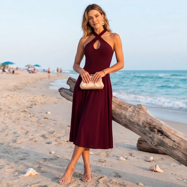 QCMGMG Women's Keyhole Halter Neck Flowy Maxi Dress