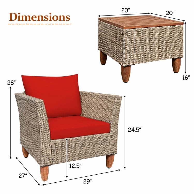 Aimee Lii 3 Pcs Outdoor Patio Rattan Furniture Set with Coffee Table, Modern Patio Furniture, Red Aimee Lii 3 Pcs Outdoor Patio Rattan Furniture Set with Coffee Table, Modern Patio Furniture, Red