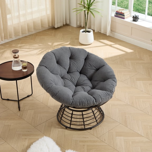 Comfortable Ergonomic Wicker Papasan Chair, 360° Swivel Indoor Outdoor Rattan Chair with Soft Thick Cushion, Ideal for Living Room, Bedroom, Reading Room, Brown Frame with Light Grey Cushion