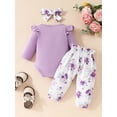 thumbnail image 5 of Aojekbee Baby Girl Fall Outfits Letter Print Crew Neck Long Sleeve Romper Floral Print Long Pants Headband 3Pcs Clothes Set, 5 of 10