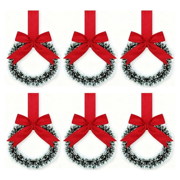 6 Pcs Christmas Kitchen Cabinet Wreaths with Ribbon 5.9 Inch Mini Christmas Snowy Wreath Small Kitchen Xmas Decor for Window Front Door Farmhouse Wall Xmas Decorations