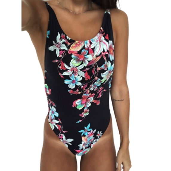 Qiylii Women One-piece Swimsuit, Backless Swimwear, Colorful Printed Bathing Suit, Round Neck Pool Party Bather