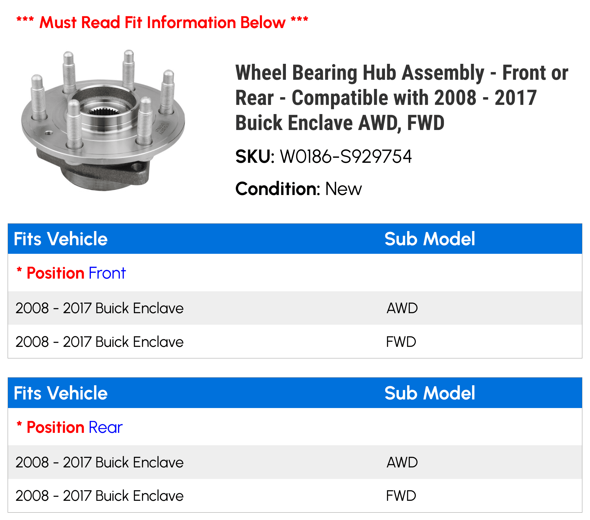 Wheel Bearing Hub Assembly - Front or Rear - Compatible with 2008 - 2017 Buick Enclave AWD, FWD 2009 2010 2011 2012 2013 2014 2015 2016