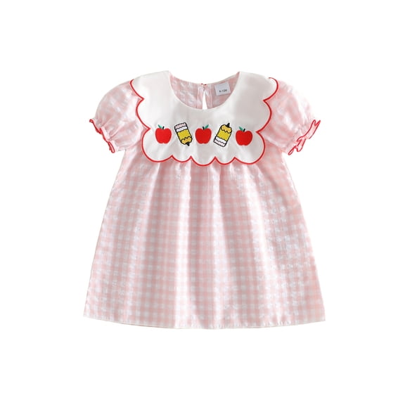 Toddler Little Girl Back to School Outfit First Day of School Pre Kindergarten Plaid Smocked Short Sleeve Dress Summer Clothes 2-7T