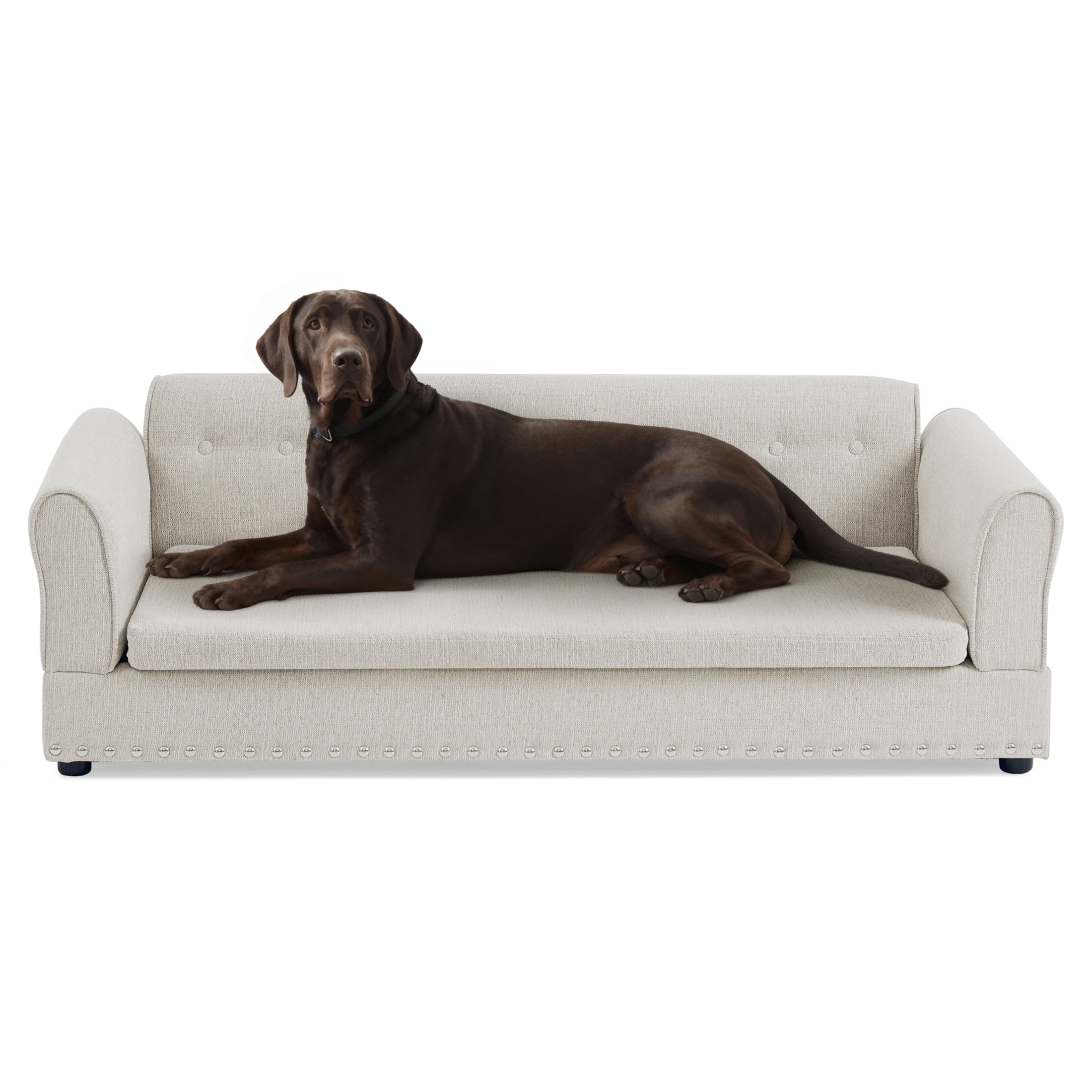 Noble House 55" Comfortable Elevated Pet Sofa, Elegant Oversized Linen Dog Bed with Support Armrests, Beige