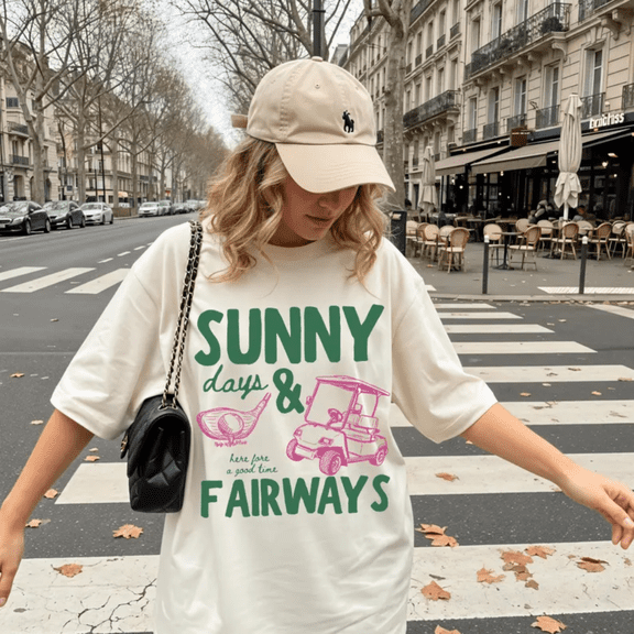 Sunny Days and Fairways T Shirt for Women, Golf Lover Graphic Tee, Golf Cart Tshirt, Cute Golfer Gift for Women Men