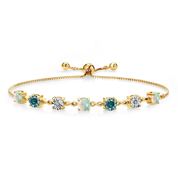 Gem Stone King 18K Yellow Gold Plated Silver Lab Grown Diamond Tennis Bracelet for Women Cabochon Simulated Opal Blue Moissanite (2.51 Cttw, Fully Adjustable up to 9 inch)