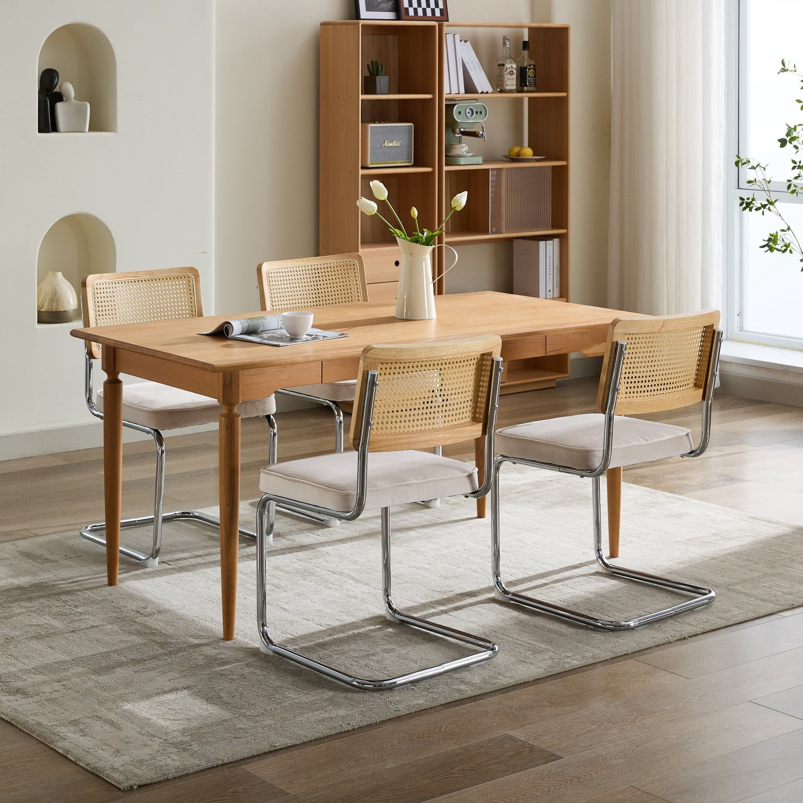 Aukfa Velvet Dining Chair Set of 2, Cantilever Upholstered Kitchen Side Chairs Accent Chair with Rattan Back & Stainless Chrome BaseBeige