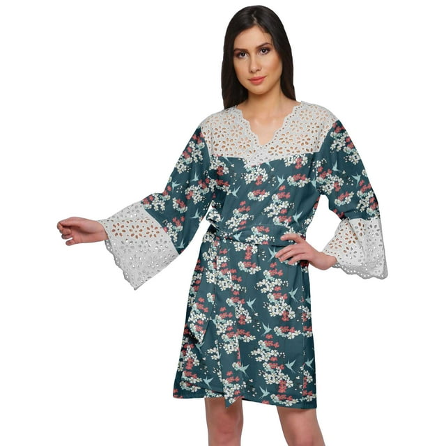 Moomaya Printed Cotton Venice Lace Bridesmaid Robe Short Robes For Women