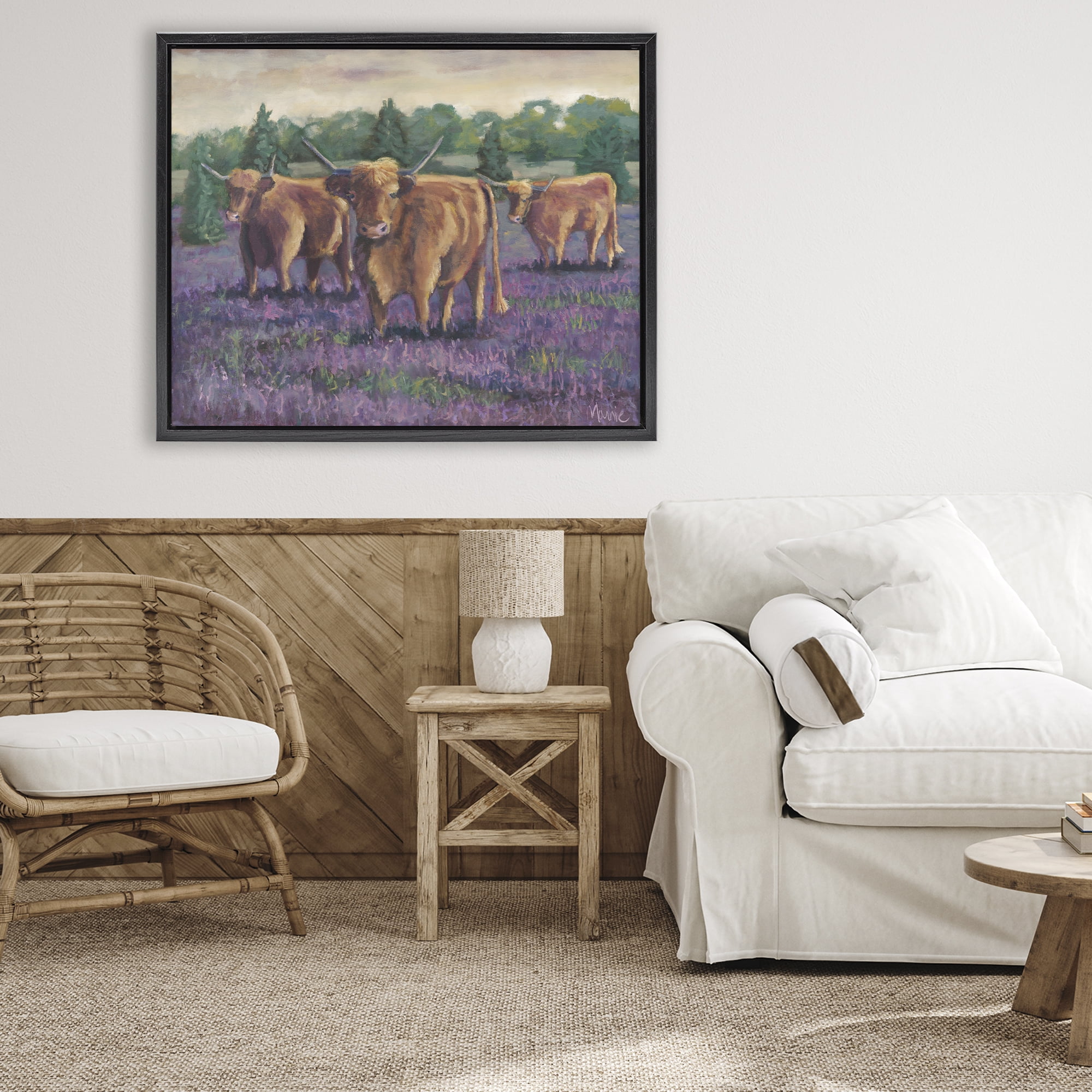 Purple Fields & Cows Black Framed Floater Canvas Wall Art, design by Marnie Bourque