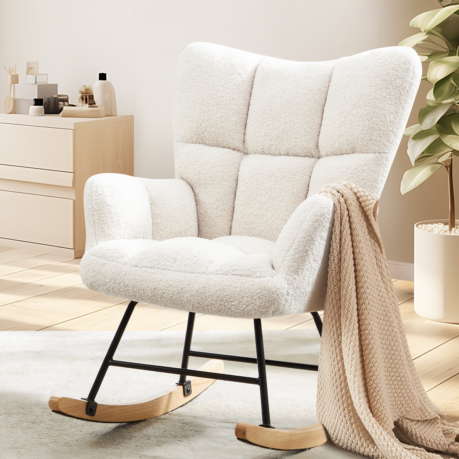 GIANNA Nursery Rocking Chair with Wing Backrest Wide Armrest, Bedroom Seating Furniture Glider Chair Comfy Teddy Recliner, Beige