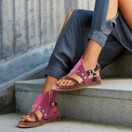 

Aayomet Sandals for Women Ladies Retro Leather Toe Clip Buckle Decorative Flat Bbottom Side Zipper Fashion Sandals Red 9