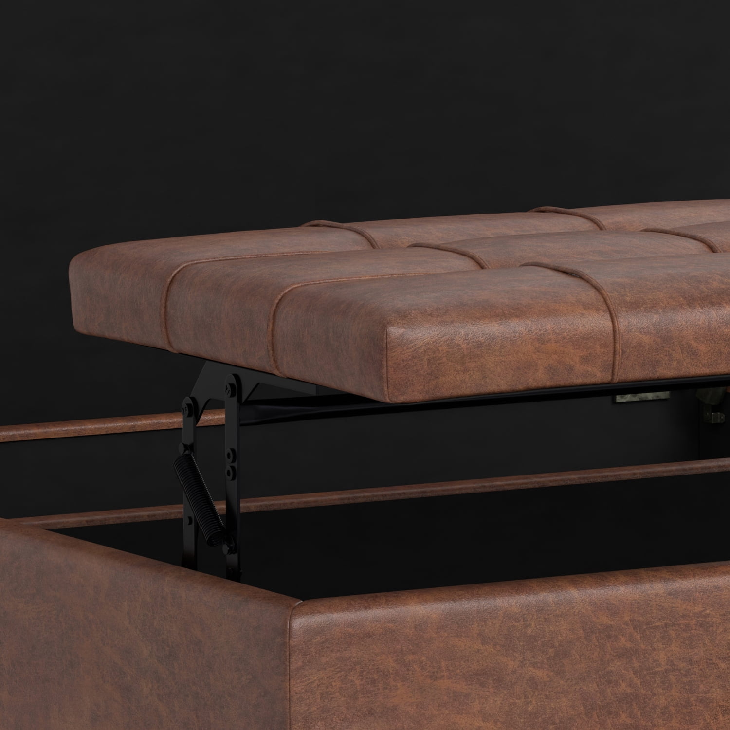 Harrison 40 inch Wide Transitional Large Square Coffee Table Storage Ottoman in Distressed Saddle Brown Vegan Leather