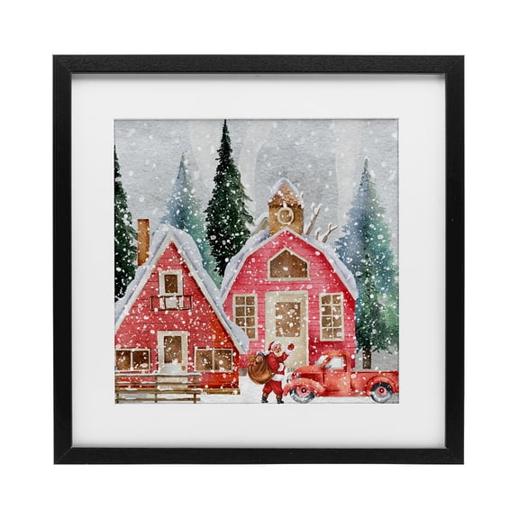 Stupell Industries Red Barn Santa Delivery Black Framed Print Under Glass design by Jesse Keith, 13 x 13