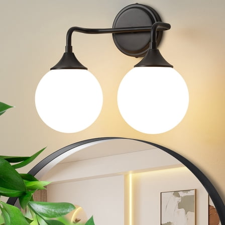 Deyidn 2-Light Black Modern Vanity Light, 14 Inch Dimmable Bathroom Light Fixture with Opal Glass Globes for Mirror