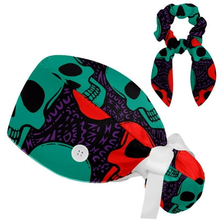 

Working Cap with Buttons and Sweatband Scrub Hat Bouffant Caps with Scrunchie Skull Tie Back Hats