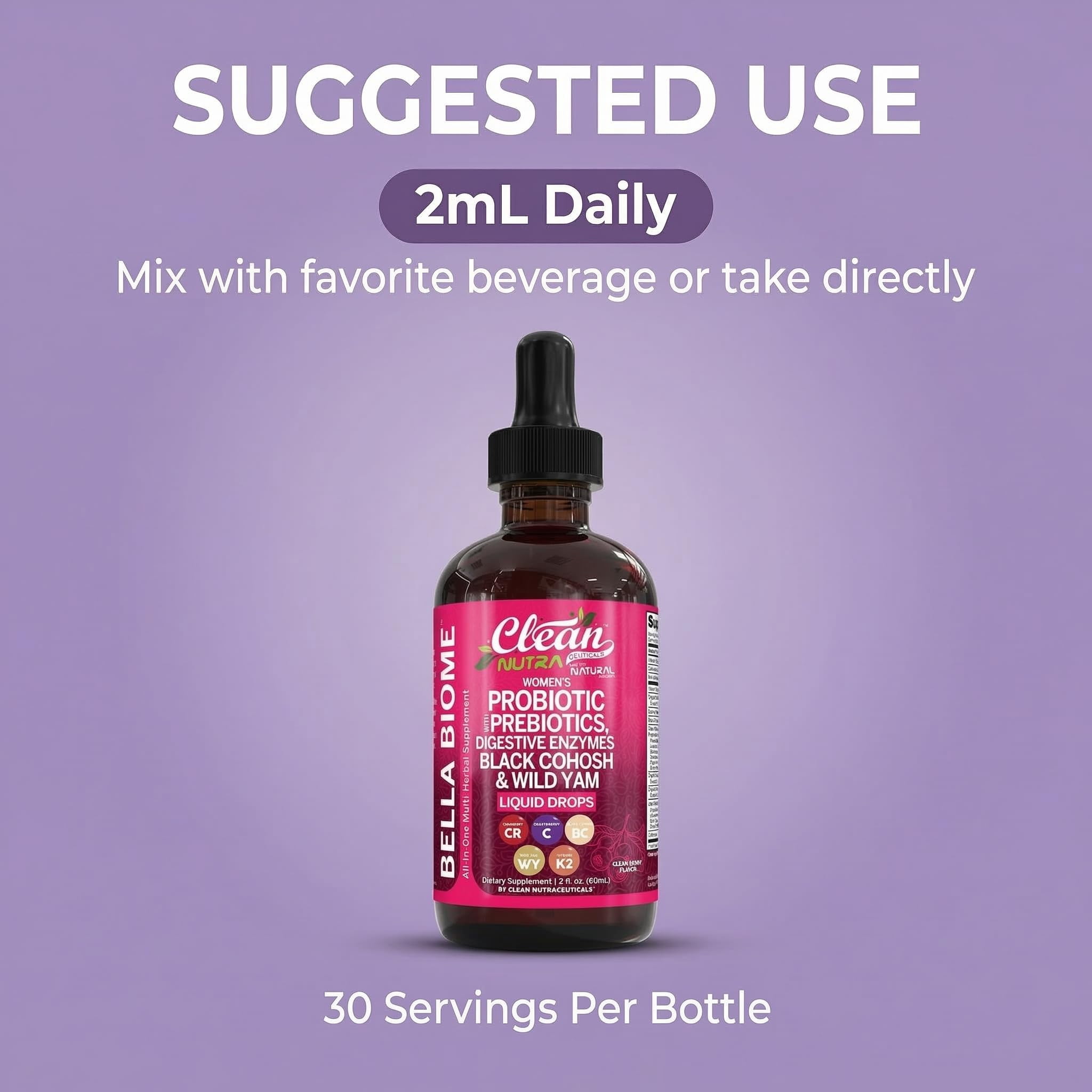 Liquid Probiotics for Women Drops with Chasteberry, Black Cohosh, Prebiotics, Digestive Enzymes, Evening Primrose Oil, Wild Yam, Cranberry Dmannose and Iron Vitamin D3 K2 Clean Nutra Bella Biotics